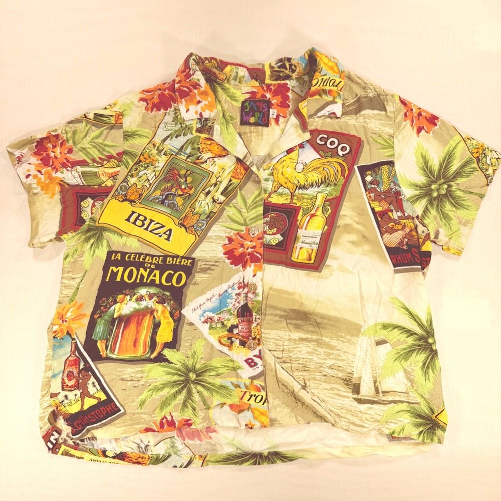 Vintage Jams World Monaco Blouse Large Rayon Cropped Boxy Shirt Ibiza Hawaii